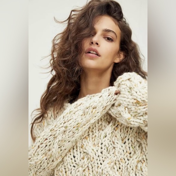 Free People Loopy Mango All Over Cable Chucky Knit Sweater - Picture 3 of 6